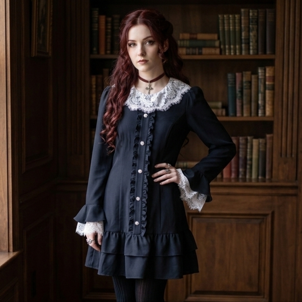 Lost City Women's Dress Victorian Gothic Style Med Black White Lace Full Zip NEW